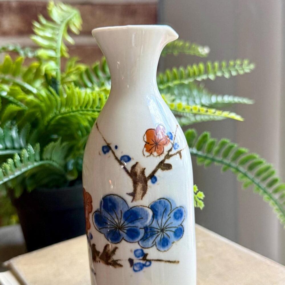 Otagiri Japanese Stoneware Bottle | Vintage 1970s 80s Blue Orange Floral OMC